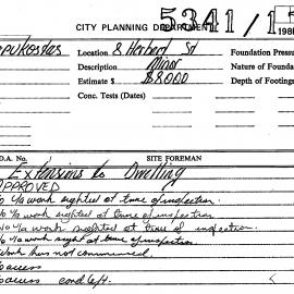 Building Inspectors Card: 8 Herbert Street - Extensions to dwelling - Application approved 1984 