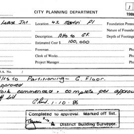 Building Inspectors Card: 42 Martin Place - Alterations to partitioning ground floor - Application 