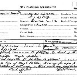 Building Inspectors Card: 225/233 Clarence Street, Sydney - Partitions, level 3 - Application 