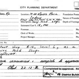 Building Inspectors Card: 19/29 Martin Place. Sit out R14 Level 6, as a Take Away food shop - 