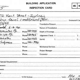 Building Inspectors Card: 364 - 372 Kent Street, Sydney - Partitions level 1 and Ground floor, 1990