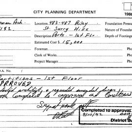 Building Inspectors Card: 483/487 Riley Street, Surry Hills - Partitions, 1st floor - Application 