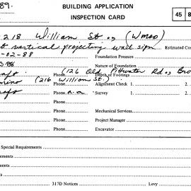 Building Inspectors Card: 216 - 218 William Street, Woolloomooloo - Erect vertical projecting wall 