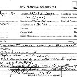 Building Inspectors Card: 367/373 George Street, Sydney - Construct store room in basement 2 - 