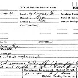 Building Inspectors Card: 26 Foveaux Street. Erect sign