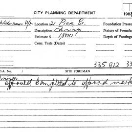 Building Inspectors Card: 21 Pier Street. Awnings