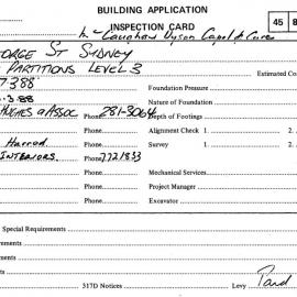 Building Inspectors Card: 261 George Street, Sydney - Erect partitions level 3, 1988