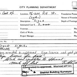 Building Inspectors Card: 196/204 Pitt Street, Sydney - Erect signs - Application approved, 1986
