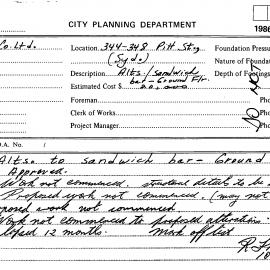 Building Inspectors Card: 344/348 Pitt Street, Sydney - Alterations to sandwich bar, ground floor 