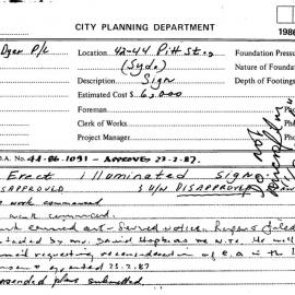 Building Inspectors Card: 42/44 Pitt Street, Sydney - Erect illuminated sign - Application refused 