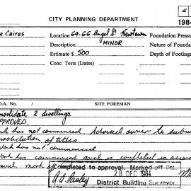 Building Inspectors Card: 64/66 Angel Street, Newtown - Consolidate 2 dwellings - Application 