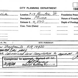 Building Inspectors Card: 7 - 13 Hunter Street - New shopfronts H18, 19 & 20