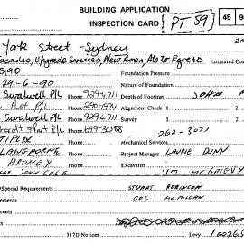 Building Inspectors Card -  Restore facade - Grace Building, 77 - 79 York Street Sydney, 1990