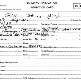 Building Inspectors Card: 115 Pitt Street, Sydney - Erect signs, 1988