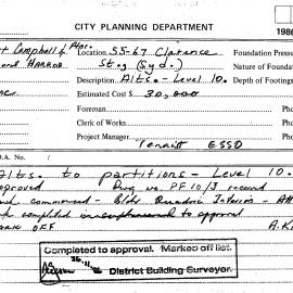 Building Inspectors Card: 55/67 Clarence Street, Sydney - Alterations to partitions level 10 - 