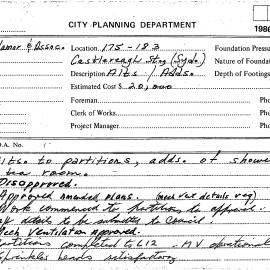 Building Inspectors Card: 175/183 Castlereagh Street, Sydney - Alterations to partitions, adds of 