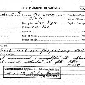 Building Inspectors Card: 505 Crown Street, Surry Hills - Erect vertical projecting wall sign - 