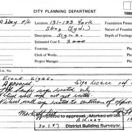 Building Inspectors Card: 131 - 133 York Street, Sydney - Erect signs, 1986
