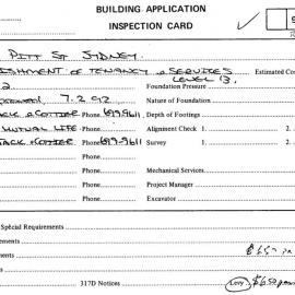 Building Inspectors Card: 70 - 85 Pitt Street, Sydney - Refurbishment of tenancy and services 