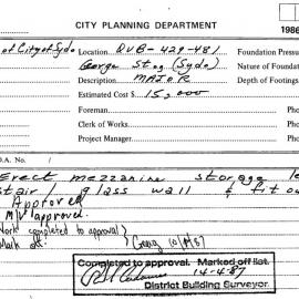 Building Inspectors Card: 429 - 481 George Street, Sydney - Erect mezzanine storage etc., 1986