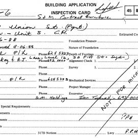 Building Inspectors Card: 37 - 69 Union Street, Pyrmont - Partitions - Unit 5, 1988
