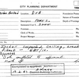 Building Inspectors Card: 429 - 481 George Street, Sydney - Install suspend ceiling. Erect 