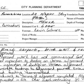 Building Inspectors Card: 20 Napier Street, Sydney - Erect carport brick wall and roller door, 1986