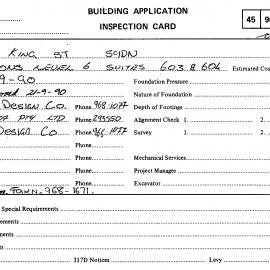 Building Inspectors Card: 58 - 68 King Street, Sydney - Partitions level 6 suites 603 and 604, 1990