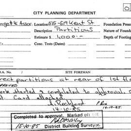 Building Inspectors Card: City Planning Department - 515 - 519 Kent Street - Erect partitions at 