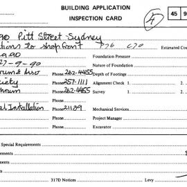 Building Inspectors Card: 184 - 190 Pitt Street, Sydney - Alterations to shopfront, 1990