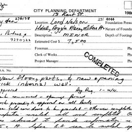 Building Inspectors Card: 19 Kent Street, Millers Point - New floor partitions and new opening in 