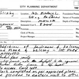 Building Inspectors Card: 162 Eveleigh Street, Redfern - Addition of bedroom and balcony floor 2 