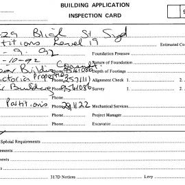 Building Inspectors Card: 25 - 29 Bligh Street, Sydney - Partitions level 19, 1992