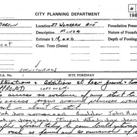 Building Inspectors Card: 37 Womelan Avenue Darlinghurst - Alterations & additions at rear ground 