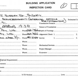 Building Inspectors Card: 413 - 415 Sussex Street, Sydney - Office refurbishment, 1991