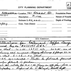 Building Inspectors Card: 701 George Street - Alterations for restaurant/ coffee lounge ground 