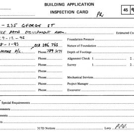 Building Inspectors Card: 205 - 235 George Street, Sydney - Mobile data equipment room, 1992