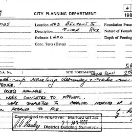 Building Inspectors Card: 203 Belmont Street - Brick up existing doorway & make new opening - 