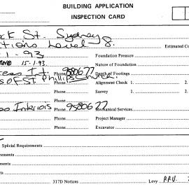 Building Inspectors Card: 1 York Street, Sydney - Partitions level 8, 1993