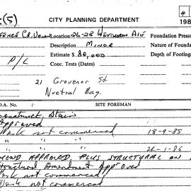Building Inspectors Card: 26/28 Wentworth Avenue Construct stairs - Application approved, 1985