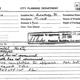 Building Inspectors Card: 141 Rochford Street - Install heater - Application approved, 1985