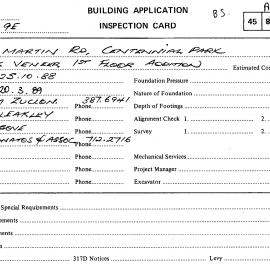 Building Inspectors Card: 28 Martin Road, Centennial Park - Brick veneer 1st floor addition, 1988
