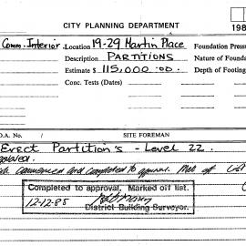 Building Inspectors Card: 19/29 Martin Place. Erect partition level 22 - Application approved, 1985
