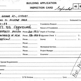 Building Inspectors Card: 839 - 847 George Street, Sydney - Alterations to rooftop area, 1988