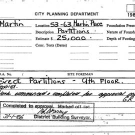 Building Inspectors Card: 53/63 Martin Place. Erect partitions, 9th floor - Application approved, 