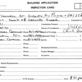 Building Inspectors Card: 1 - 3 O'Connell Street, Sydney - Fit out shop F8 ground floor, 1991