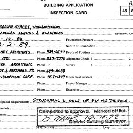 Building Inspectors Card: 121 - 129 Crown Street, Woolloomooloo - Erect Cadillac awning and 