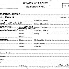 Building Inspectors Card: 92 - 94 Pitt Street, Sydney - Partitions - level 2, 1988