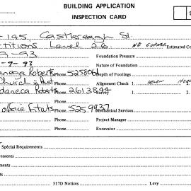 Building Inspectors Card: 133 - 145 Castlereagh Street, Sydney - Partitions level 26, 1993