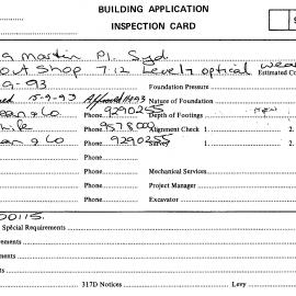 Building Inspectors Card: 19 - 29 Martin Place, Sydney - Fit out shop 7.12 level 7 optical wear, 